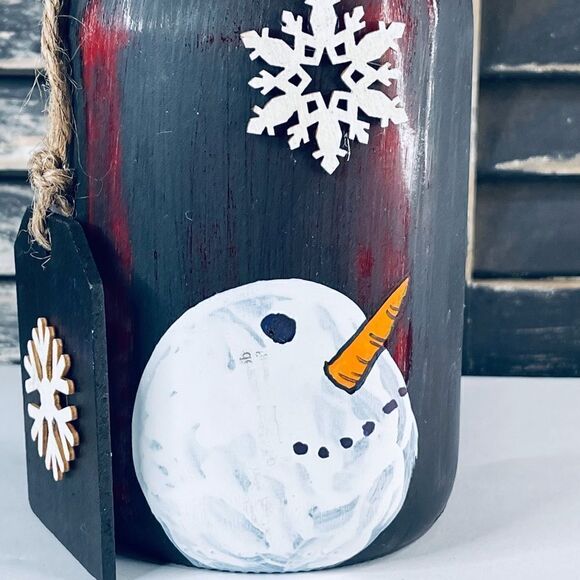 Hand Painted Snowman Mason Jar-Quart, Let it Snow, Snowflake, Matte Black/Red - Picture 5 of 5